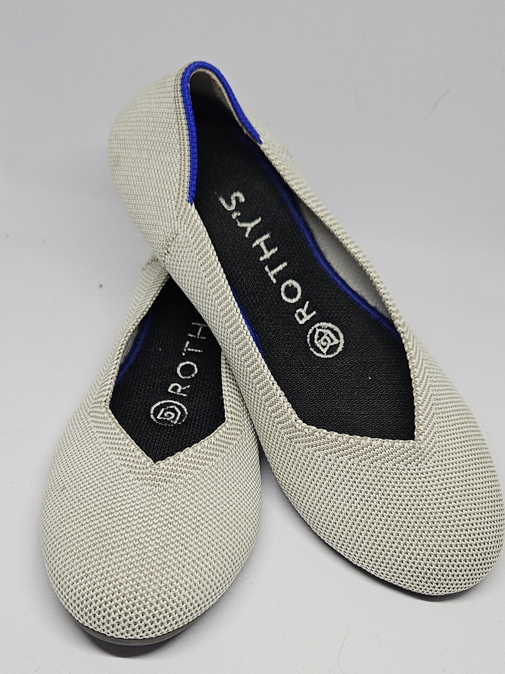 Rothy's Cream Knit Ballet Flats with Blue Trim